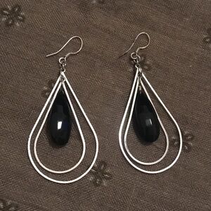 Vintage Silver and Black Dangle Hook Earrings